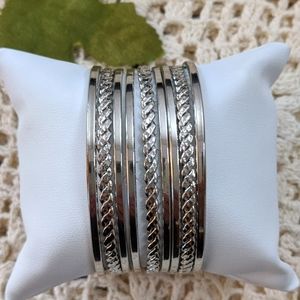 Stacked Silver Tone Cuff Bracelet Multi-Row Bangles